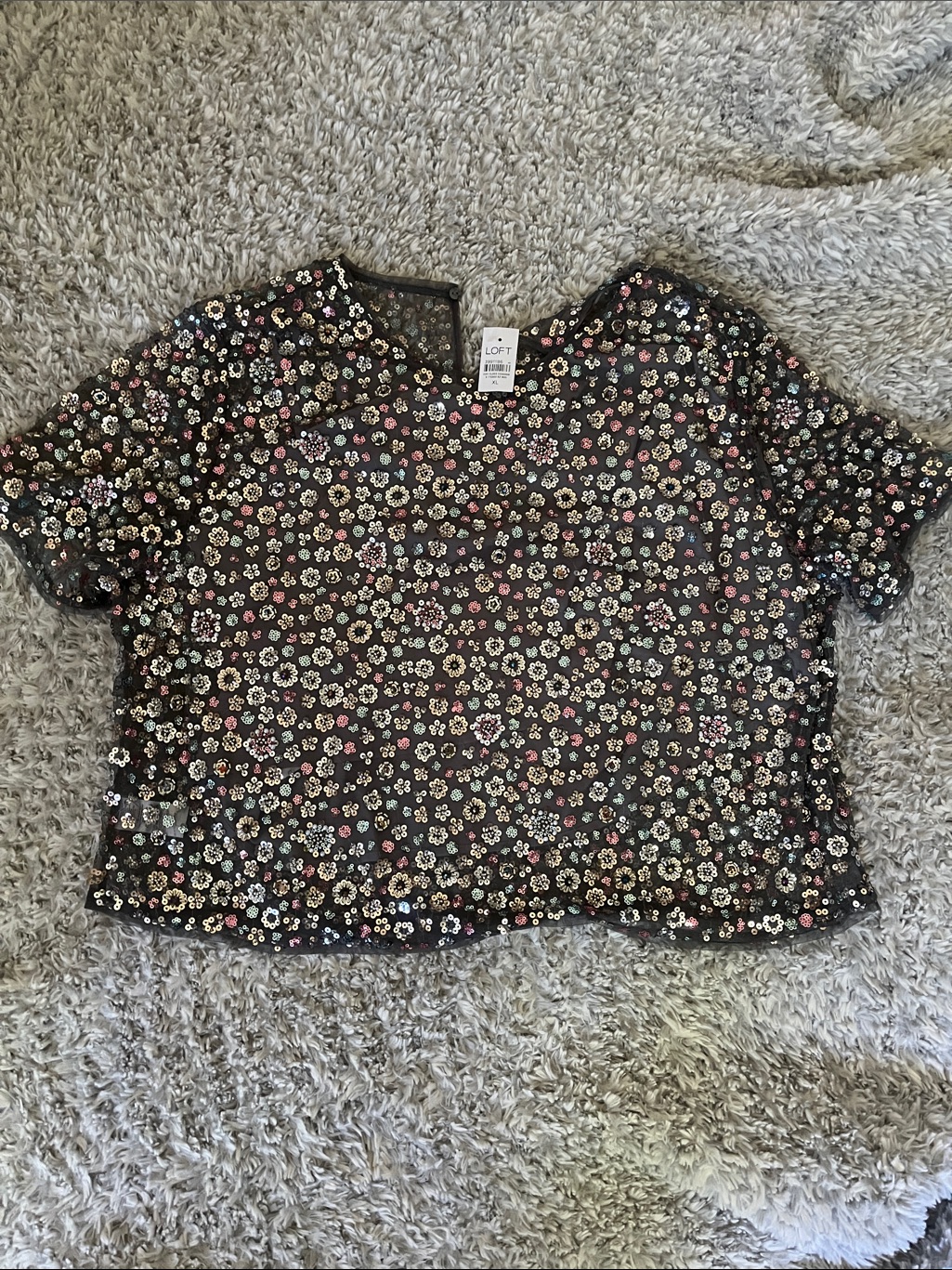 Loft Grey/Silver Sheer Floral Cropped Tee With Pink & Silver Flowers